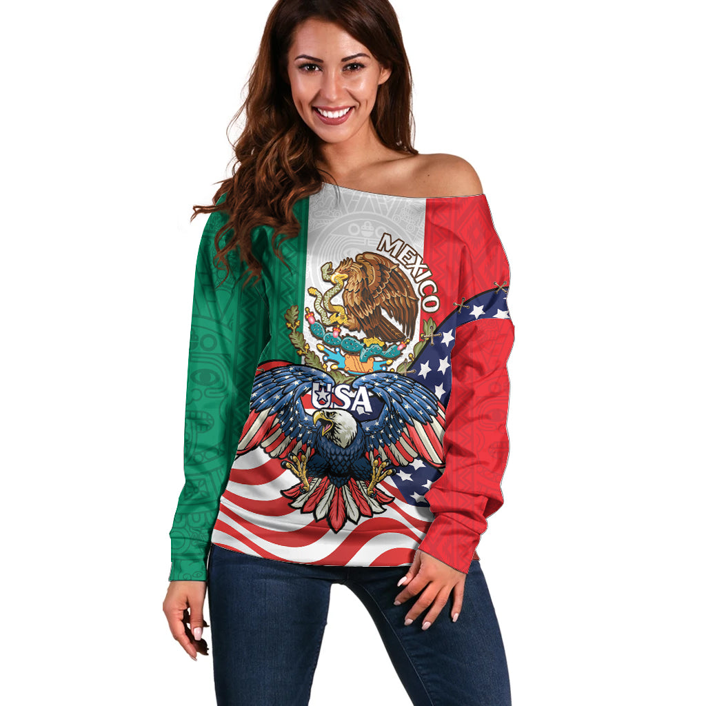 United States And Mexico Off Shoulder Sweater USA Eagle With Mexican Aztec