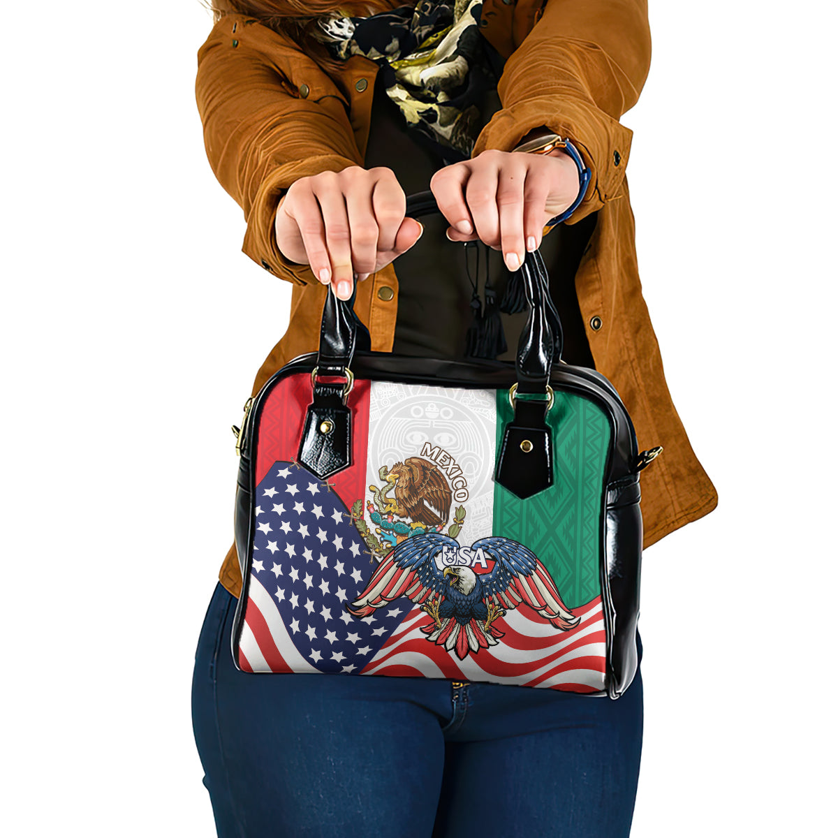 United States And Mexico Shoulder Handbag USA Eagle With Mexican Aztec