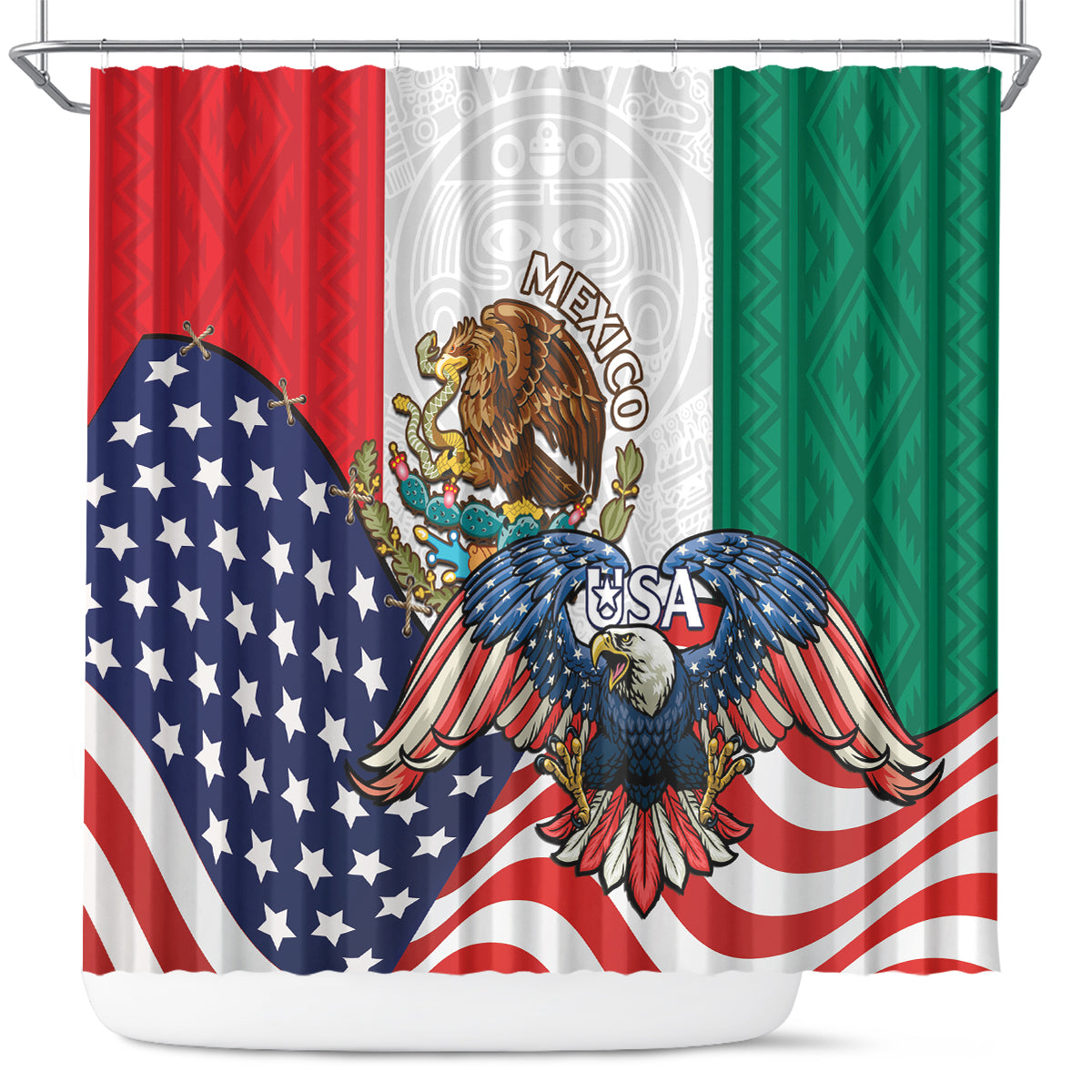 United States And Mexico Shower Curtain USA Eagle With Mexican Aztec