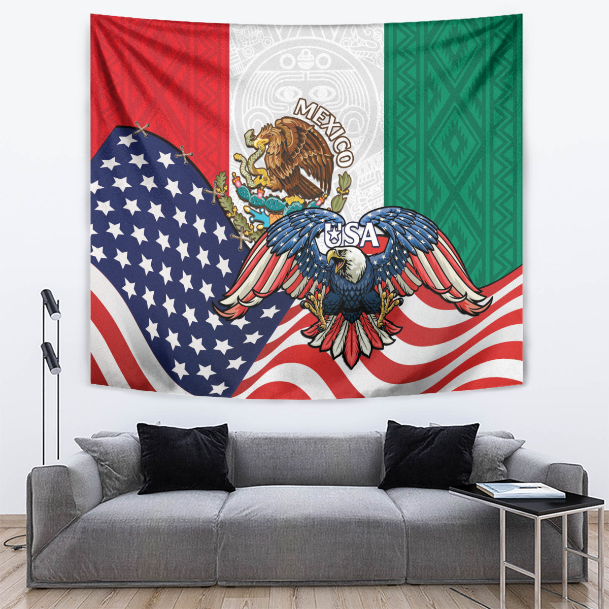 United States And Mexico Tapestry USA Eagle With Mexican Aztec