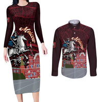 Russia Moscow Capital Couples Matching Long Sleeve Bodycon Dress and Long Sleeve Button Shirt Moskva Red Square Map