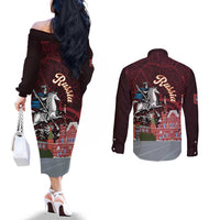 Russia Moscow Capital Couples Matching Off The Shoulder Long Sleeve Dress and Long Sleeve Button Shirt Moskva Red Square Map