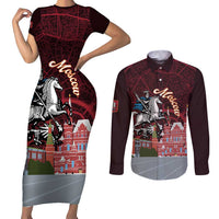 Russia Moscow Capital Couples Matching Short Sleeve Bodycon Dress and Long Sleeve Button Shirt Moskva Red Square Map