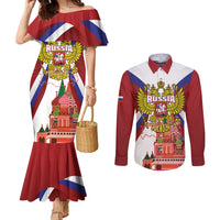 Russia Day Couples Matching Mermaid Dress and Long Sleeve Button Shirt Coat Of Arms With Saint Basil's Cathedral