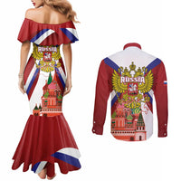 Russia Day Couples Matching Mermaid Dress and Long Sleeve Button Shirt Coat Of Arms With Saint Basil's Cathedral
