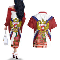 Russia Day Couples Matching Off The Shoulder Long Sleeve Dress and Hawaiian Shirt Coat Of Arms With Saint Basil's Cathedral