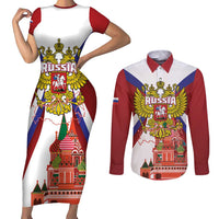 Russia Day Couples Matching Short Sleeve Bodycon Dress and Long Sleeve Button Shirt Coat Of Arms With Saint Basil's Cathedral