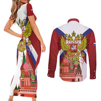Russia Day Couples Matching Short Sleeve Bodycon Dress and Long Sleeve Button Shirt Coat Of Arms With Saint Basil's Cathedral