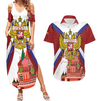 Russia Day Couples Matching Summer Maxi Dress and Hawaiian Shirt Coat Of Arms With Saint Basil's Cathedral