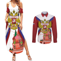 Russia Day Couples Matching Summer Maxi Dress and Long Sleeve Button Shirt Coat Of Arms With Saint Basil's Cathedral