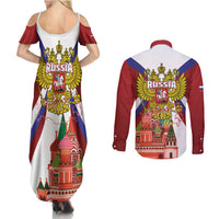 Russia Day Couples Matching Summer Maxi Dress and Long Sleeve Button Shirt Coat Of Arms With Saint Basil's Cathedral