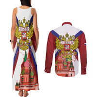 Russia Day Couples Matching Tank Maxi Dress and Long Sleeve Button Shirt Coat Of Arms With Saint Basil's Cathedral