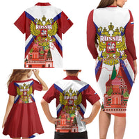 Russia Day Family Matching Long Sleeve Bodycon Dress and Hawaiian Shirt Coat Of Arms With Saint Basil's Cathedral