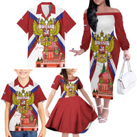 Russia Day Family Matching Off The Shoulder Long Sleeve Dress and Hawaiian Shirt Coat Of Arms With Saint Basil's Cathedral