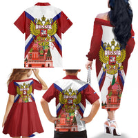 Russia Day Family Matching Off The Shoulder Long Sleeve Dress and Hawaiian Shirt Coat Of Arms With Saint Basil's Cathedral