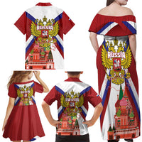 Russia Day Family Matching Off Shoulder Maxi Dress and Hawaiian Shirt Coat Of Arms With Saint Basil's Cathedral