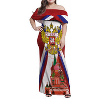 Russia Day Family Matching Off Shoulder Maxi Dress and Hawaiian Shirt Coat Of Arms With Saint Basil's Cathedral