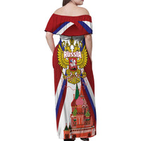 Russia Day Family Matching Off Shoulder Maxi Dress and Hawaiian Shirt Coat Of Arms With Saint Basil's Cathedral