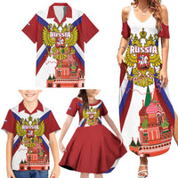 Russia Day Family Matching Summer Maxi Dress and Hawaiian Shirt Coat Of Arms With Saint Basil's Cathedral