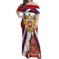 Russia Day Off Shoulder Maxi Dress Coat Of Arms With Saint Basil's Cathedral