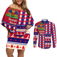 Haiti Christmas Couples Matching Off Shoulder Short Dress and Long Sleeve Button Shirt Jwaye Nowe 2023 With Coat Of Arms - Wonder Print Shop