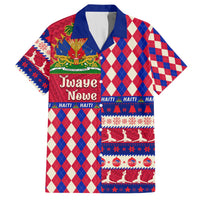 Red, blue and cream plaid holiday Hawaiian shirt with button-up collar and festive print