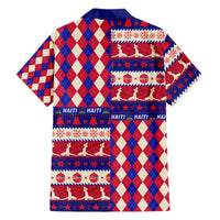 Back of red, blue and cream plaid holiday Hawaiian shirt with festive graphic band