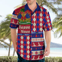 Men's red, blue and cream plaid holiday Hawaiian shirt with button-up collar and festive print