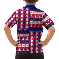 Back of kids red, blue and cream plaid holiday Hawaiian shirt with festive print