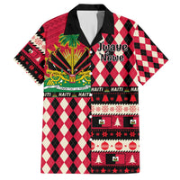 Red, black, and white plaid Hawaiian shirt with festive Haiti coat-of-arms print, short sleeves