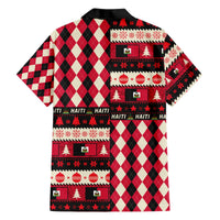 Red, black, and white plaid Hawaiian shirt, back shows festive Haiti coat-of-arms graphic