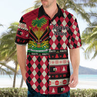 Red plaid Hawaiian shirt with “Jwaye Nove” and colorful Haiti-themed front graphic, short sleeves