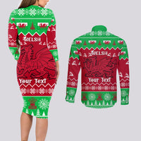 Personalised Wales Christmas Couples Matching Long Sleeve Bodycon Dress and Long Sleeve Button Shirt Nadolig Llawen Cymru Unique Version - Wonder Print Shop
