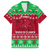 Red holiday button-up shirt with green collar, Welsh dragon graphic and Cymru text