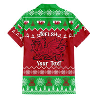Red and green holiday shirt, back design with Welsh dragon, flags and Your Text