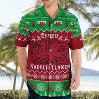 Mens short-sleeve collared shirt in red and green with Welsh dragon and Nadolig Llawen