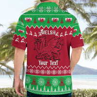 Back view red and green holiday collared shirt with Welsh dragon and Your Text