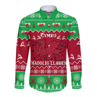 Personalised Wales Christmas Long Sleeve Button Shirt Nadolig Llawen Cymru Unique Version - Wonder Print Shop