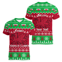 Personalised Wales Christmas Women V Neck T Shirt Nadolig Llawen Cymru Unique Version - Wonder Print Shop