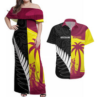 New Zealand and West Indies Cricket Custom Couples Matching Off Shoulder Maxi Dress and Hawaiian Shirt Black Cap Windies Together - Wonder Print Shop