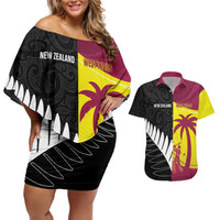 New Zealand and West Indies Cricket Custom Couples Matching Off Shoulder Short Dress and Hawaiian Shirt Black Cap Windies Together - Wonder Print Shop
