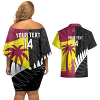 New Zealand and West Indies Cricket Custom Couples Matching Off Shoulder Short Dress and Hawaiian Shirt Black Cap Windies Together - Wonder Print Shop