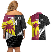 New Zealand and West Indies Cricket Custom Couples Matching Off Shoulder Short Dress and Hawaiian Shirt Black Cap Windies Together - Wonder Print Shop