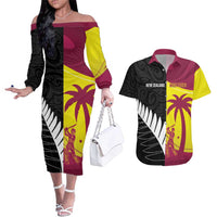 New Zealand and West Indies Cricket Custom Couples Matching Off The Shoulder Long Sleeve Dress and Hawaiian Shirt Black Cap Windies Together - Wonder Print Shop