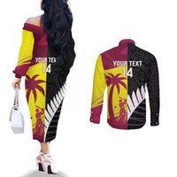 New Zealand and West Indies Cricket Custom Couples Matching Off The Shoulder Long Sleeve Dress and Long Sleeve Button Shirt Black Cap Windies Together - Wonder Print Shop