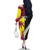 New Zealand and West Indies Cricket Custom Family Matching Off The Shoulder Long Sleeve Dress and Hawaiian Shirt Black Cap Windies Together - Wonder Print Shop