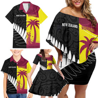 New Zealand and West Indies Cricket Custom Family Matching Off Shoulder Short Dress and Hawaiian Shirt Black Cap Windies Together - Wonder Print Shop