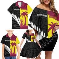 New Zealand and West Indies Cricket Custom Family Matching Off Shoulder Short Dress and Hawaiian Shirt Black Cap Windies Together - Wonder Print Shop