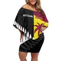 New Zealand and West Indies Cricket Custom Family Matching Off Shoulder Short Dress and Hawaiian Shirt Black Cap Windies Together - Wonder Print Shop