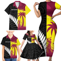 New Zealand and West Indies Cricket Custom Family Matching Short Sleeve Bodycon Dress and Hawaiian Shirt Black Cap Windies Together - Wonder Print Shop